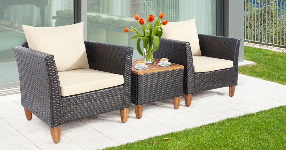 Up to 55% Off Lowe’s Patio Furniture Sale | 3-Piece Rattan Set w/ Cushions Just $296 Shipped