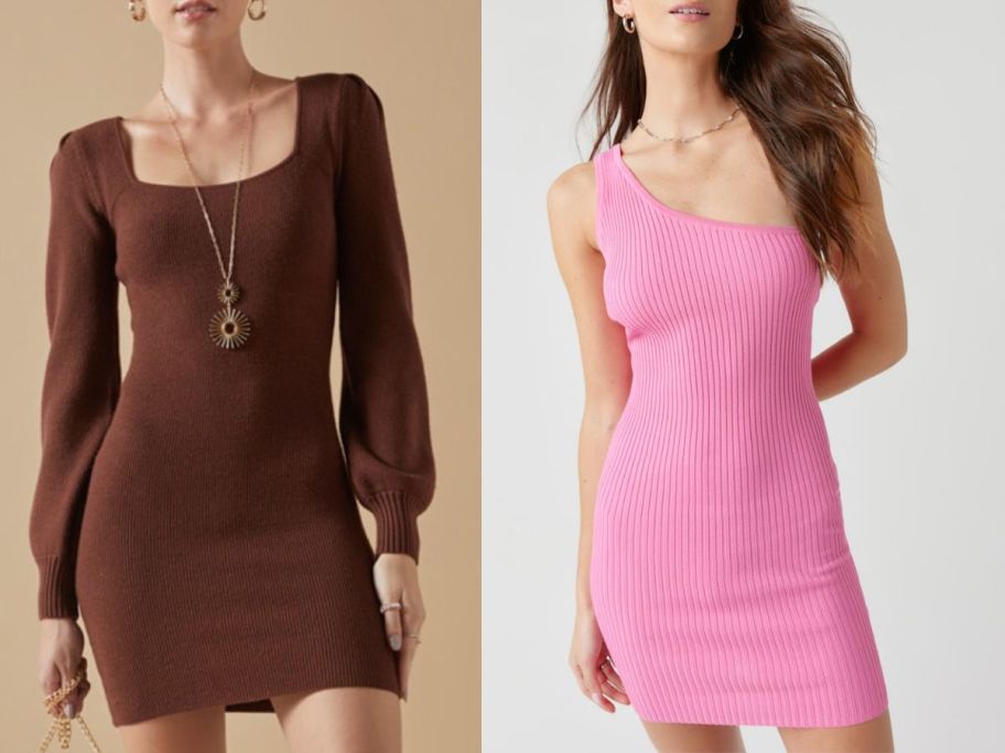 2 women wearing Francesca's Dresses in Brown and Pink