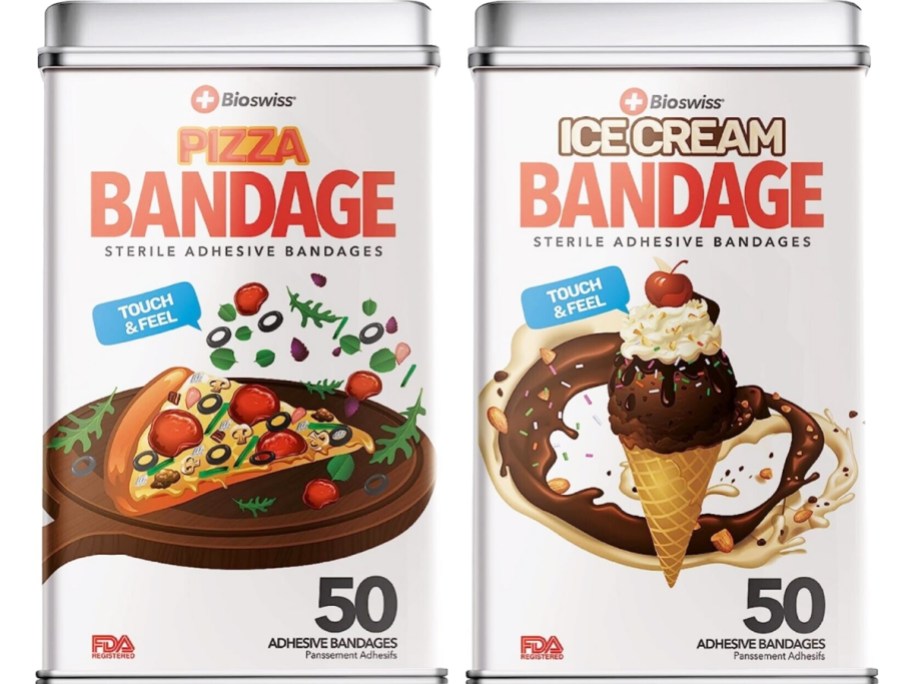 tins of pizza and ice cream bandages
