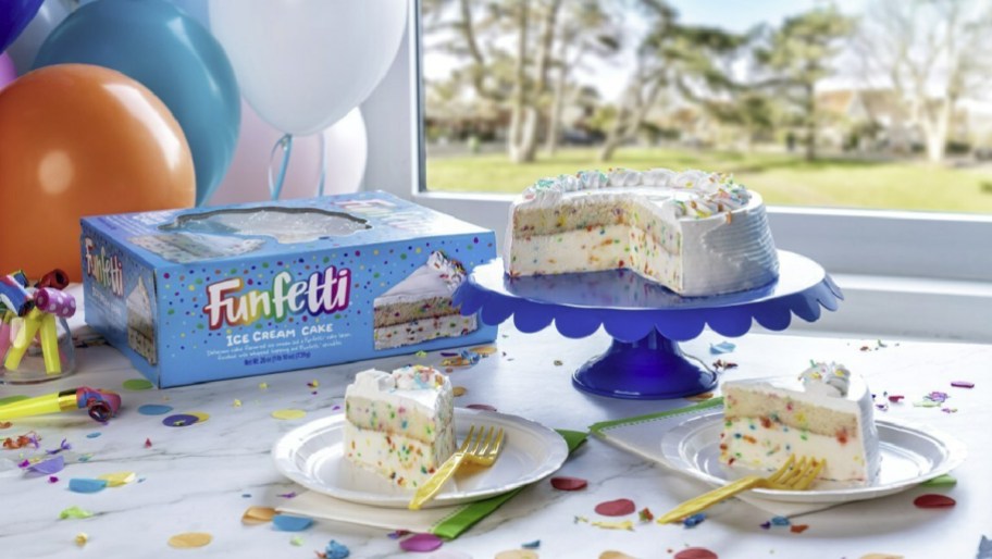 New Funfetti Ice Cream cake displayed on a table next to the packaging