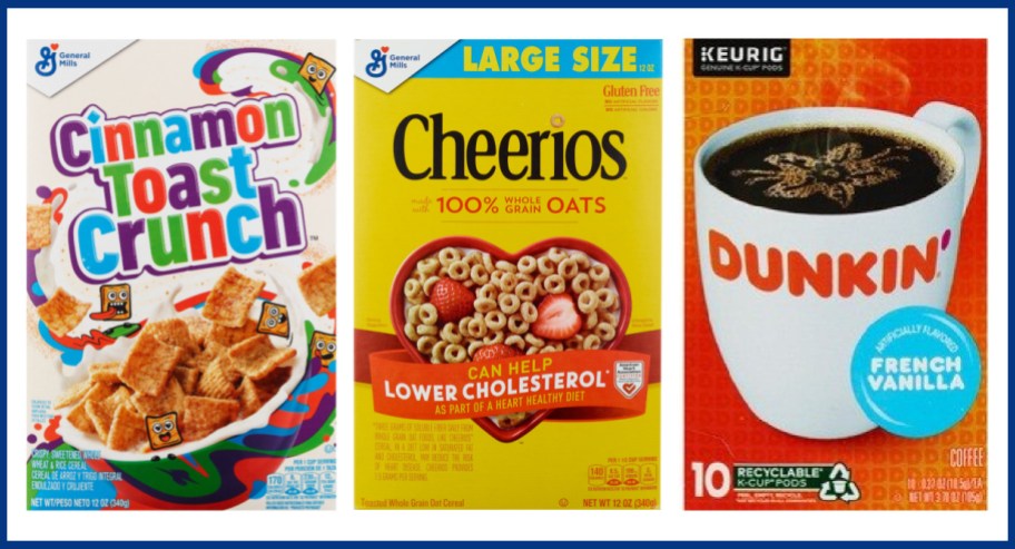 general mills cinnamon toast crunch and cheerios cereal and french vanilla dunkin' k-cups