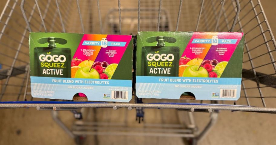 2 boxes of GoGo squeeZ Active Fruit Blend with Electrolytes in a cart