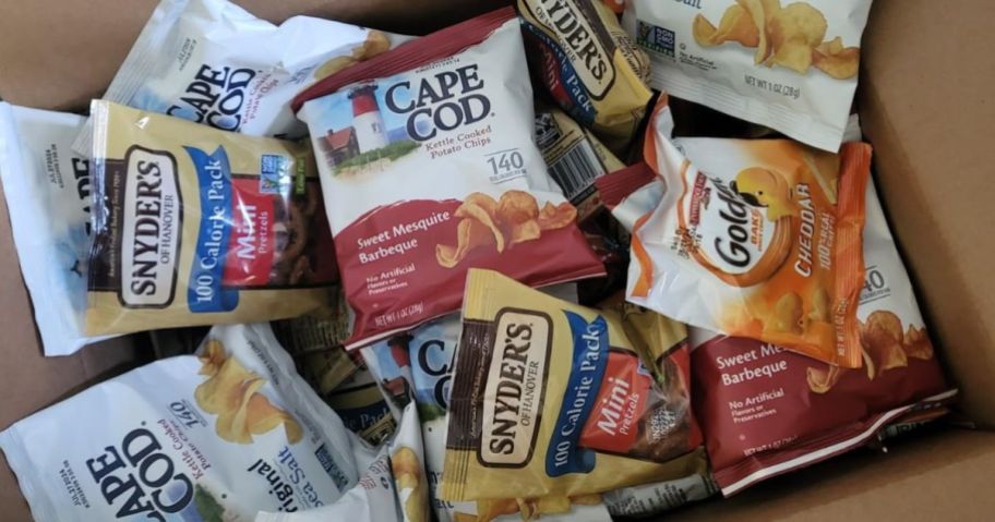 Goldfish Crackers, Snyder's of Hanover Pretzels, and Cape Cod Potato Chips Premium Snack Variety Pack in delivery box