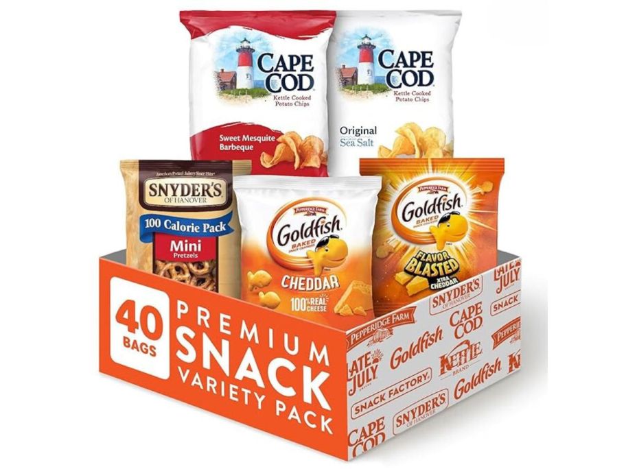Goldfish Crackers, Snyder's of Hanover Pretzels, and Cape Cod Potato Chips Premium Snack Variety Pack stock image