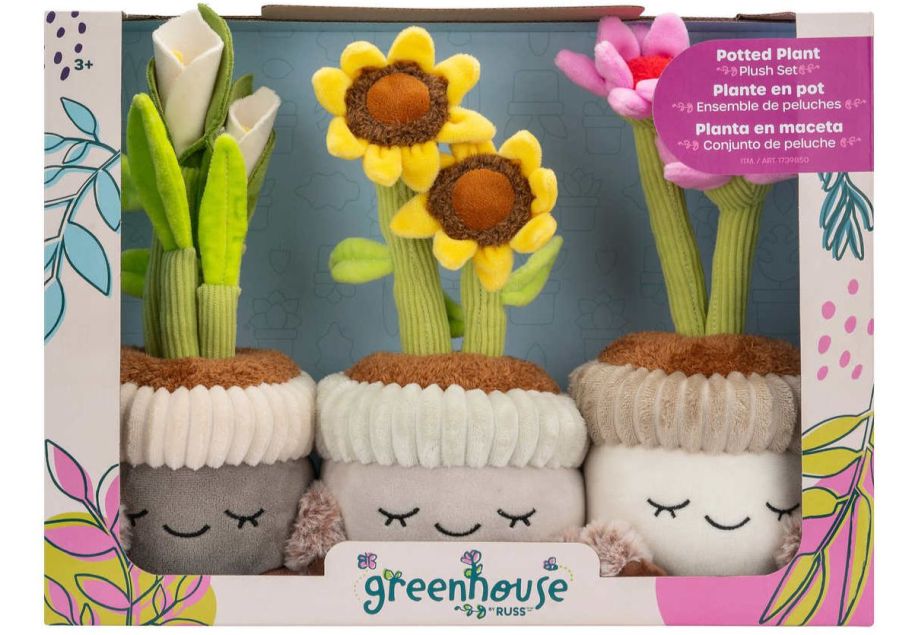 three 12 Inch Plush flower Plants in product packaging
