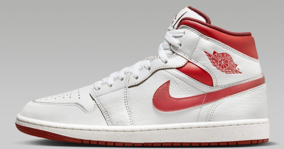 white and red men's Nike Jordan mid shoe