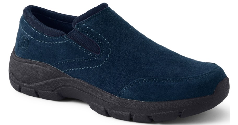 navy blue and black moc style women's shoe