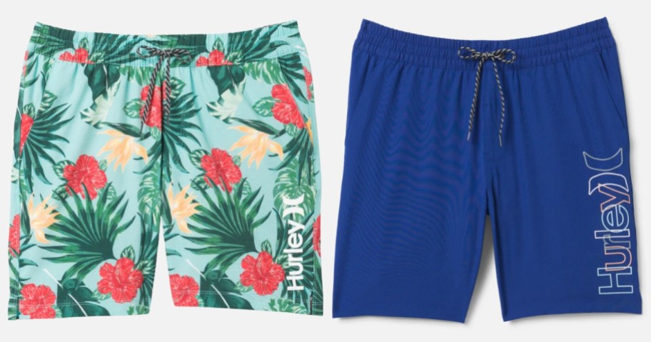 red, yellow, green and blue hibiscus Hurley board shorts and bright navy blue board shorts