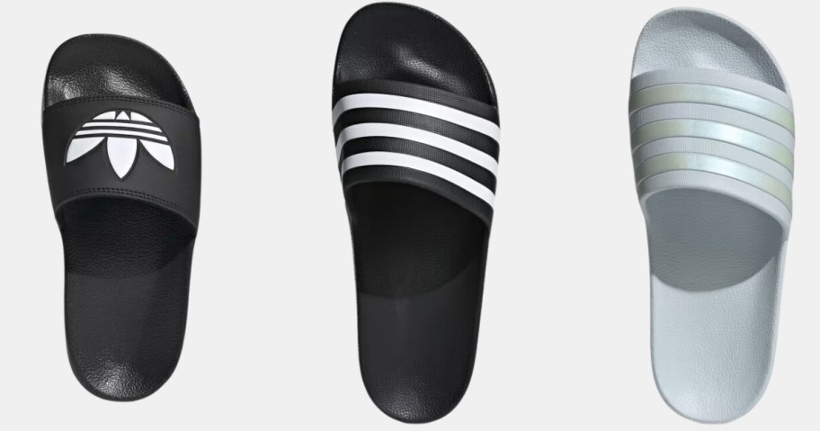 kids and adults adidas adilette slides in various colors