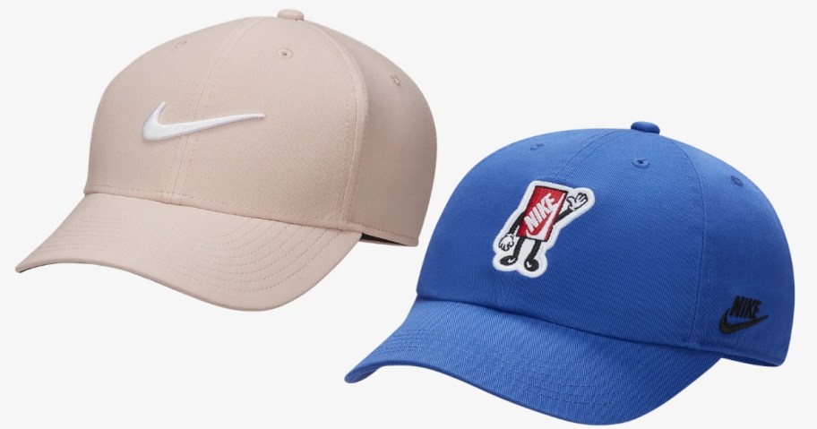 pink Nike baseball cap and blue Nike baseball cap