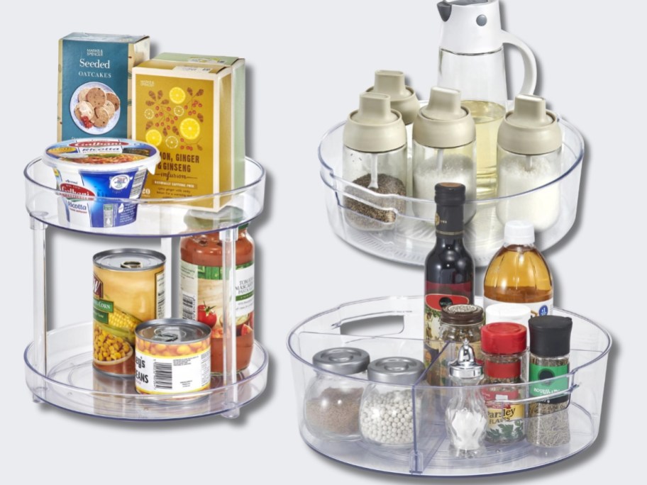 3 plastic turntable organizers with food items on them