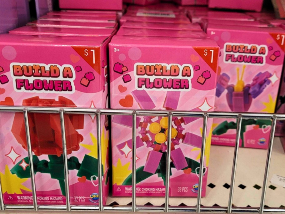 different Flower Building Block Kits on a shelf at Target