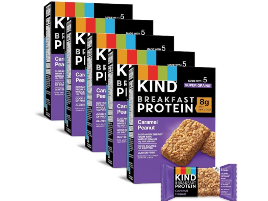 5 boxes of KIND Breakfast Protein Bars, Caramel Peanut with 1 individual wrapped bar in front