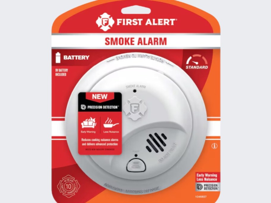white First Alert Battery Operated Smoke Alarm in red/orange packaging