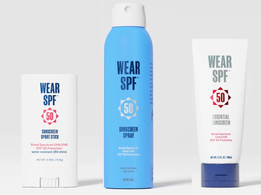 WearSPF sunscreen stick, spray and lotion
