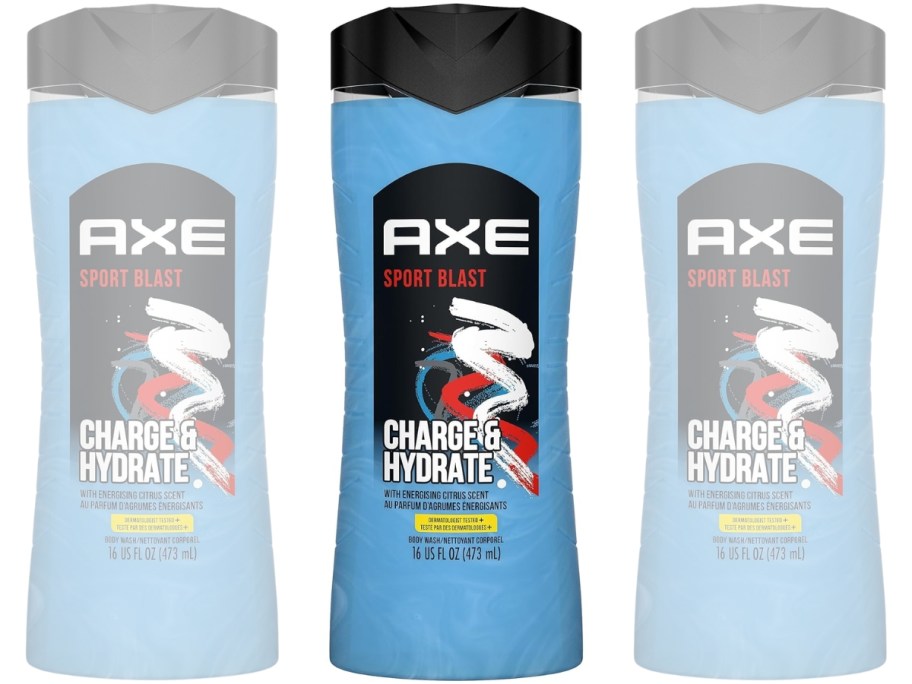 bottle of AXE Body Wash Charge and Hydrate Sports Blast with slightly transparent bottles on each side