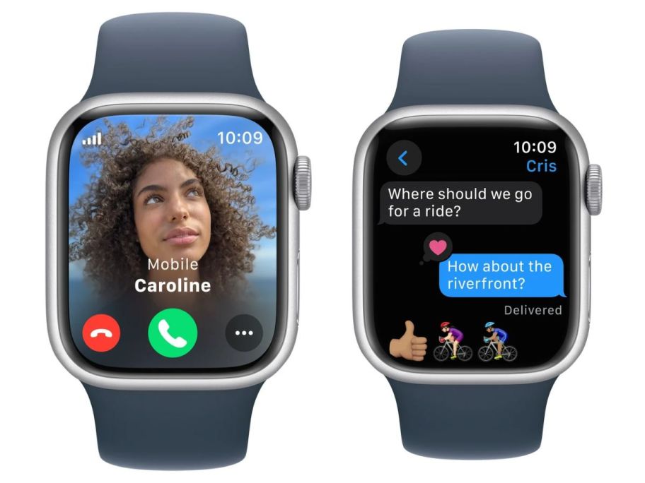 2 Apple Watches in midnight blue straps, one shows a phone call coming in and the other shows text messages