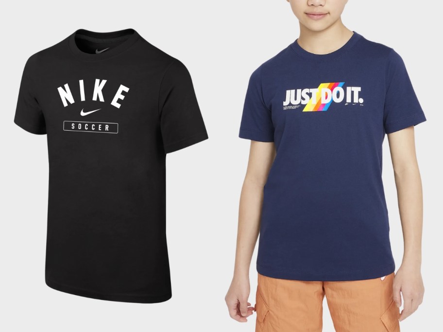 black Nike soccer tshirt and kid wearing a blue Nike logo tshirt