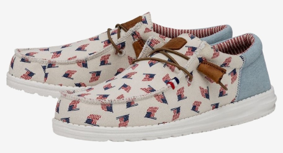 HEYDUDE AMERICAN flag shoes with a gray background