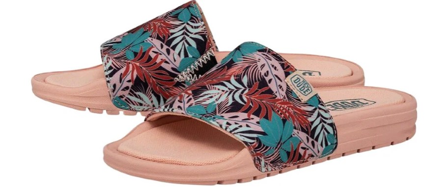 pink and blue palm print slides