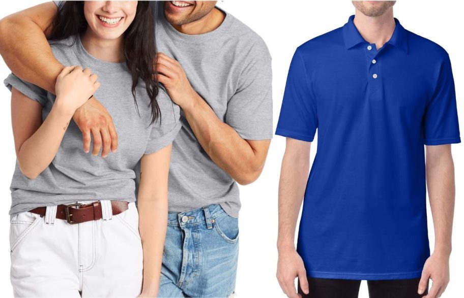Stock images of a women and men wearing Hanes tops