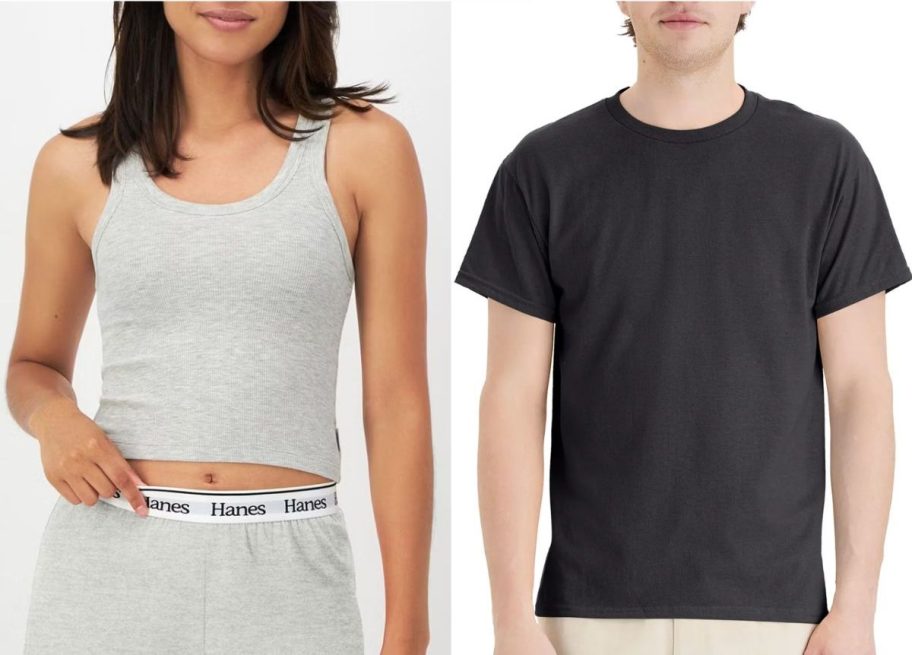 Stock images of a woman and a man wearing Hanes tops