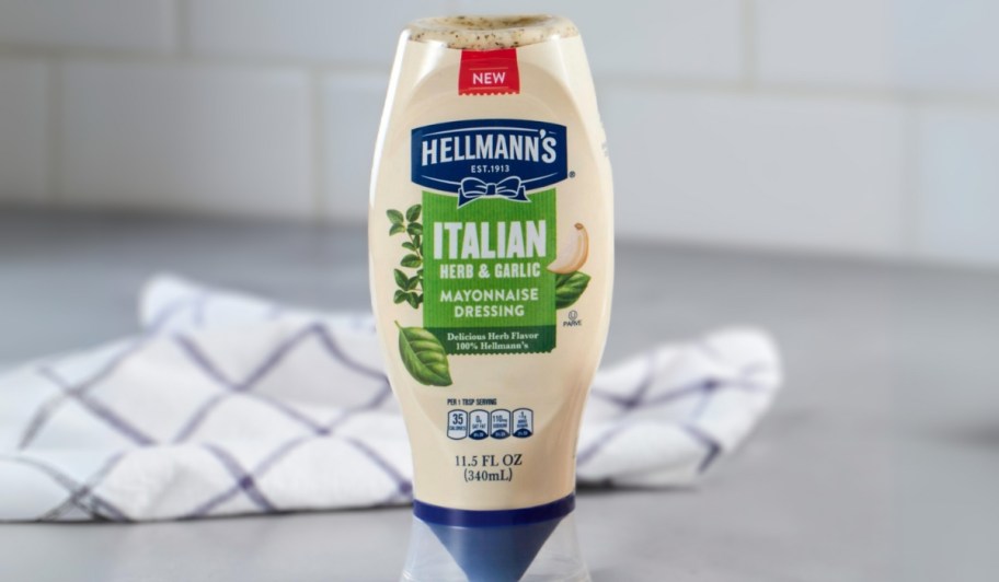 Hellmann's Mayonnaise Dressing Italian Herb & Garlic 11.5oz bottle on counter