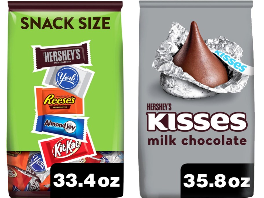 bag of assored hershey's snack sized candy and bag of hershey's kisses