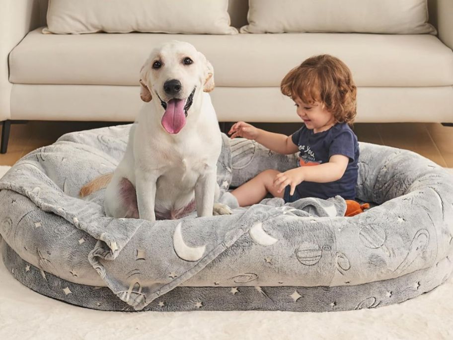 Dog and child in a Human-Sized Dog Bed w/ Blanket