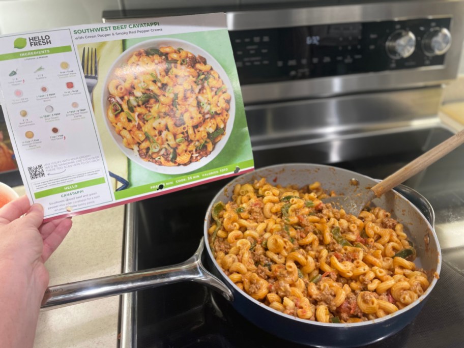 Home Chef meal in skillet with recipe card