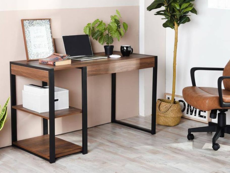 Soleil 47" Rectangular Brown Steel Wood Computer Desk