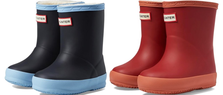 pairs of blue and red kids hunter boots