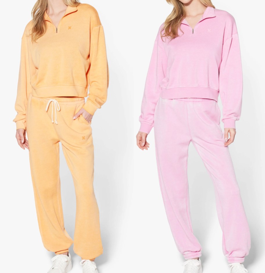 two women in matching orange and pink tracksuits