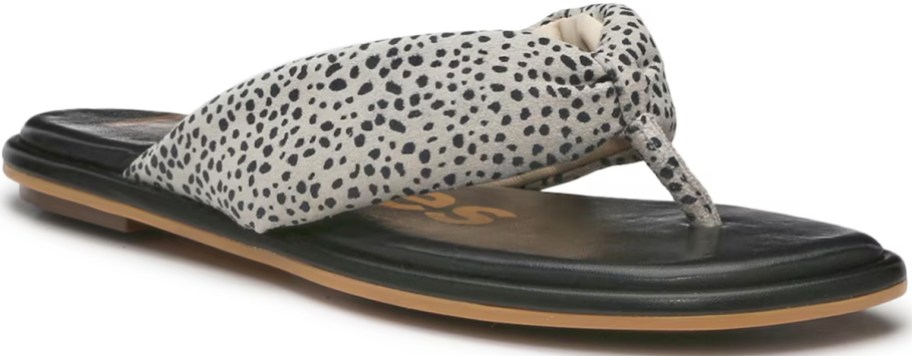 women's sandal with black and tan sole and black and grey spot straps