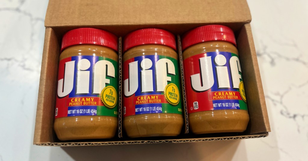 3 pack of jif creamy peanut butter inside box