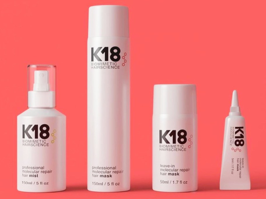 different size bottles and tubes of K18 Leave-in Molecular Repair Hair Mask