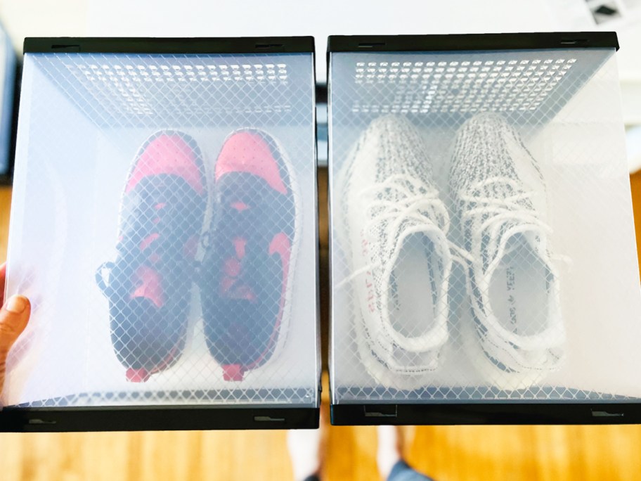 top view of sneakers inside clear sneaker boxes