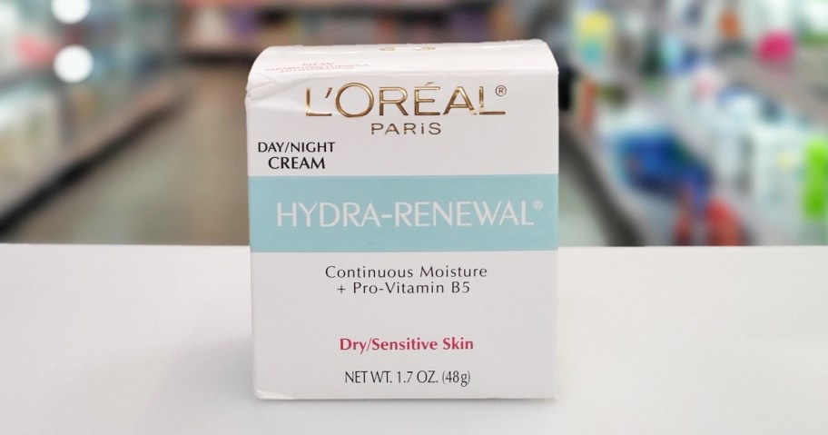 L'Oreal Hydra-Renewal Moisturizer box on a white table in a store
