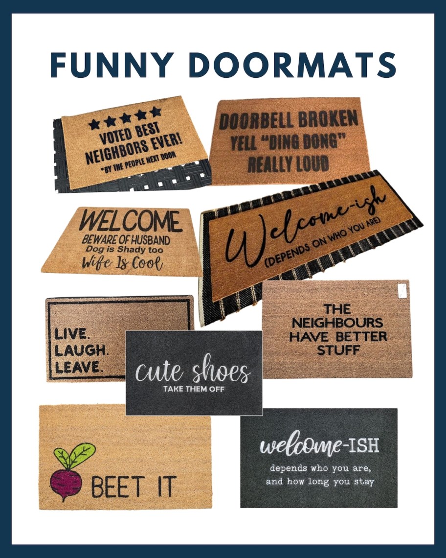 graphic collage of funny doormats 
