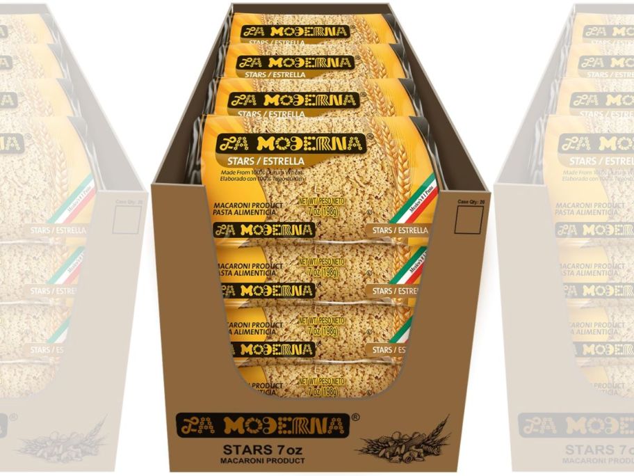 a cardboard box with 20 bags of la moderna estrella (star-shaped) pasta