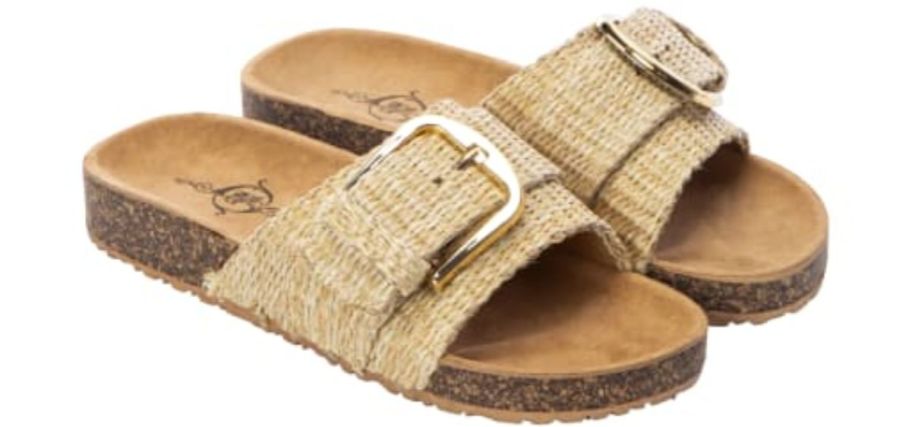 a pair of natural colored ladies just buckle sandals