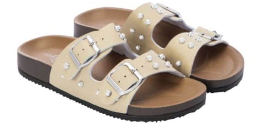 a pair of tan silver studded ladies double buckle sandals
