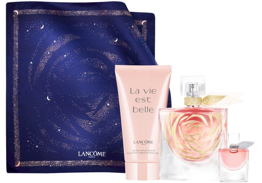 Lancome La Vie Est Belle perfume, mini bottle, lotion, and blue scarf