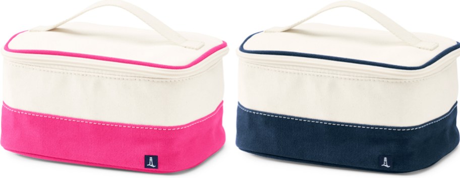 pink and navy blue canvas cosmetic cases