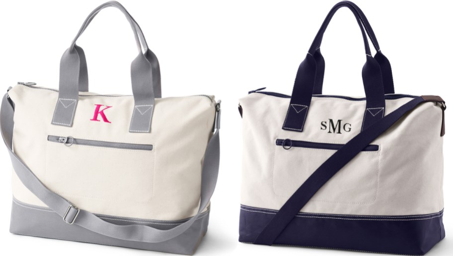 grey and navy blue canvas duffle bags