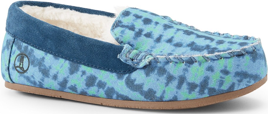 blue and green printed moccasin slipper