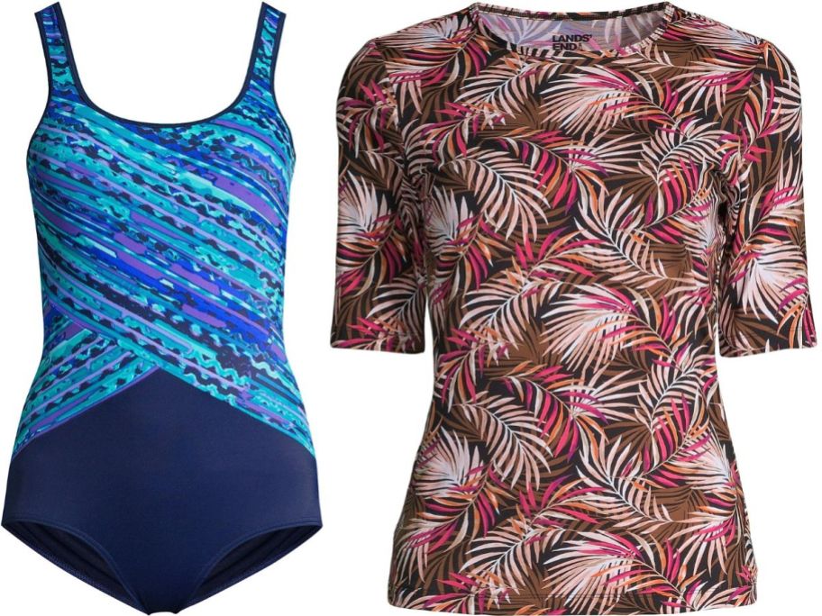Stock images of Lands' End Women's 1-piece Swimsuit and rashguard