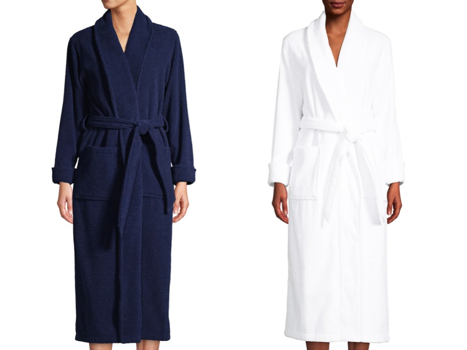 two women in navy blue and white bath robes