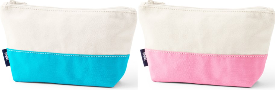 blue/white and pink/white canvas pouches