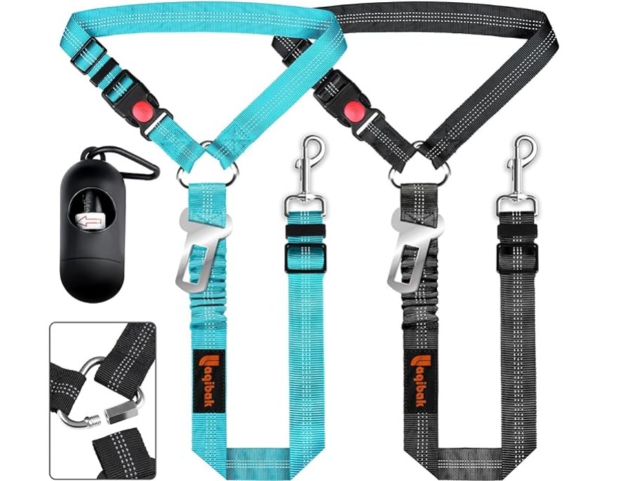 blue and black dog seatbelt and leash set shown with included poop bag holder
